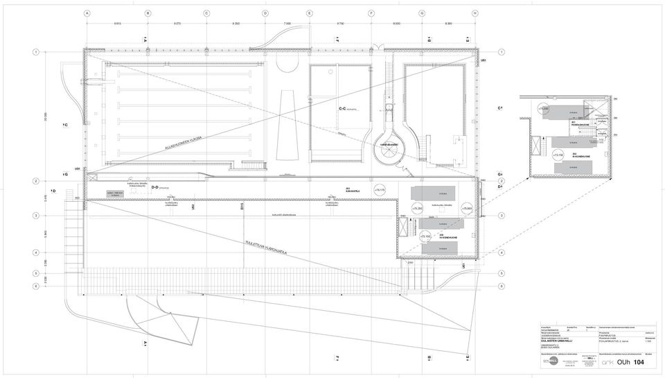 Oven alareuna +73.250 betonikynnys 100mm Viranomaisen arkistointimerkintöjä varten Piirustuslaji Piirustuksen sisältö Suunnitteluala, projektitunnus ja piirustusnumero Juoks.