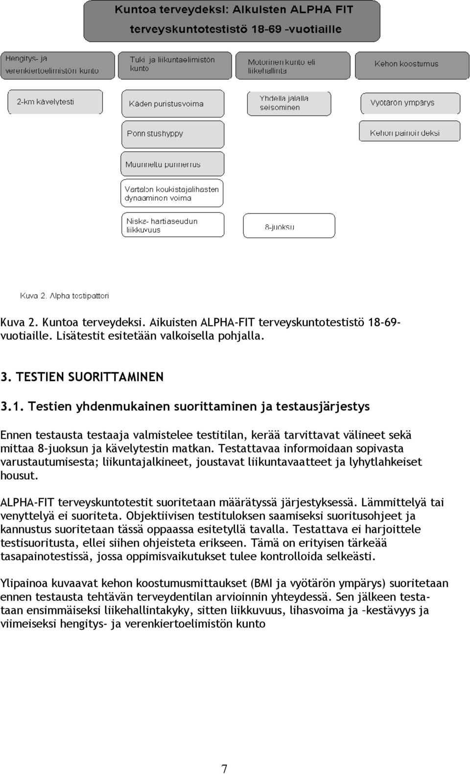 Testien yhdenmukainen suorittaminen ja testausjärjestys Ennen testausta testaaja valmistelee testitilan, kerää tarvittavat välineet sekä mittaa 8-juoksun ja kävelytestin matkan.