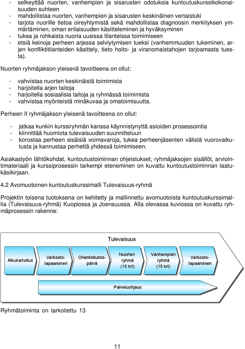 perheen arjessa selviytymisen tueksi (vanhemmuuden tukeminen, arjen konfliktitilanteiden käsittely, tieto hoito- ja viranomaistahojen tarjoamasta tuesta).