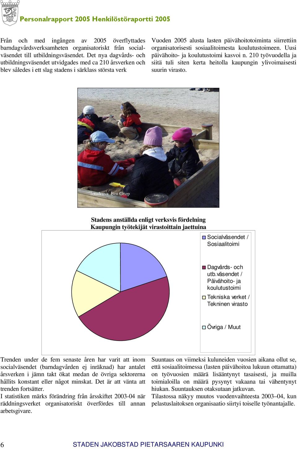 organisatorisesti sosiaalitoimesta koulutustoimeen. Uusi päivähoito- ja koulutustoimi kasvoi n. 210 työvuodella ja siitä tuli siten kerta heitolla kaupungin ylivoimaisesti suurin virasto.