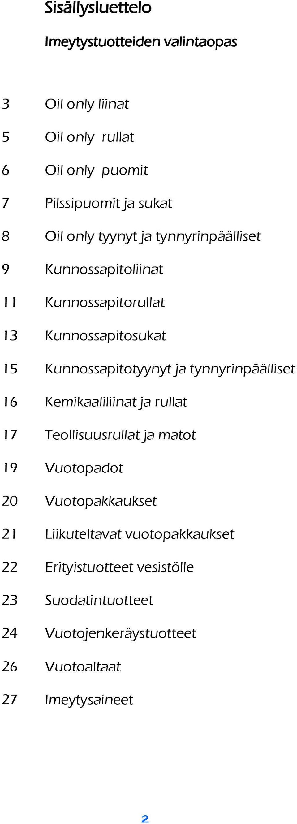 ja tynnyrinpäälliset 16 Kemikaaliliinat ja rullat 17 Teollisuusrullat ja matot 19 Vuotopadot 20 Vuotopakkaukset 21