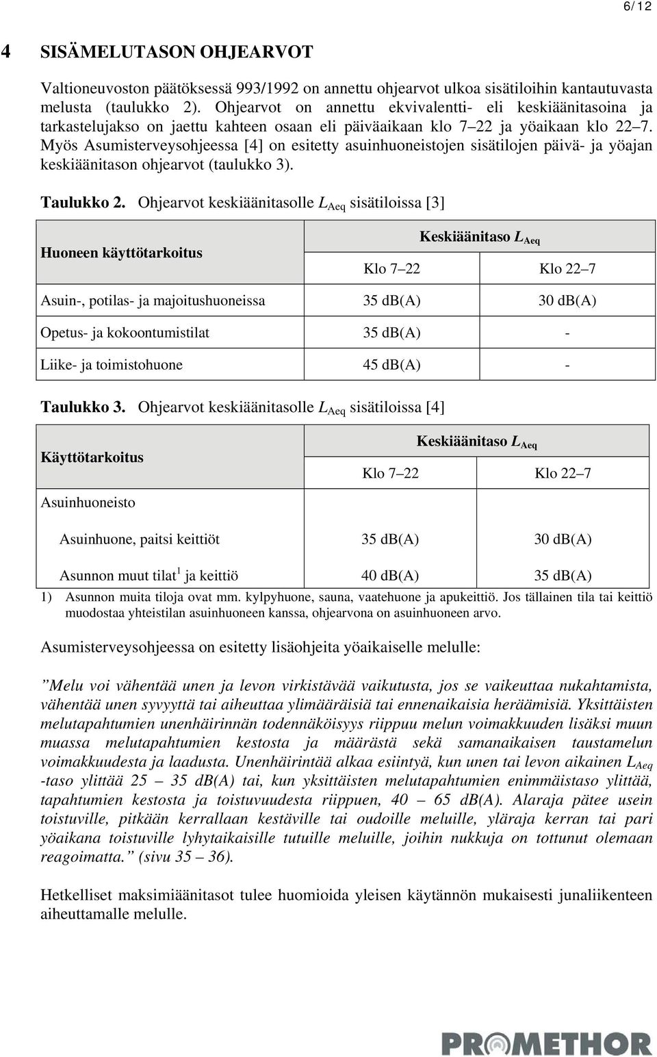 Myös Asumisterveysohjeessa [4] on esitetty asuinhuoneistojen sisätilojen päivä- ja yöajan keskiäänitason ohjearvot (taulukko 3). Taulukko 2.