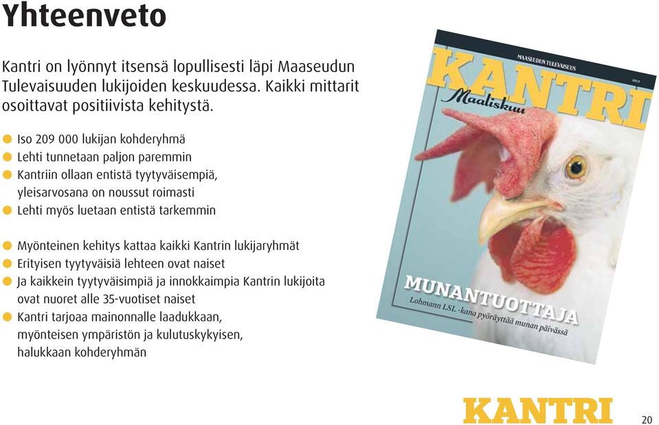 entistä tarkemmin Myönteinen kehitys kattaa kaikki Kantrin lukijaryhmät Erityisen tyytyväisiä lehteen ovat naiset Ja kaikkein tyytyväisimpiä ja innokkaimpia