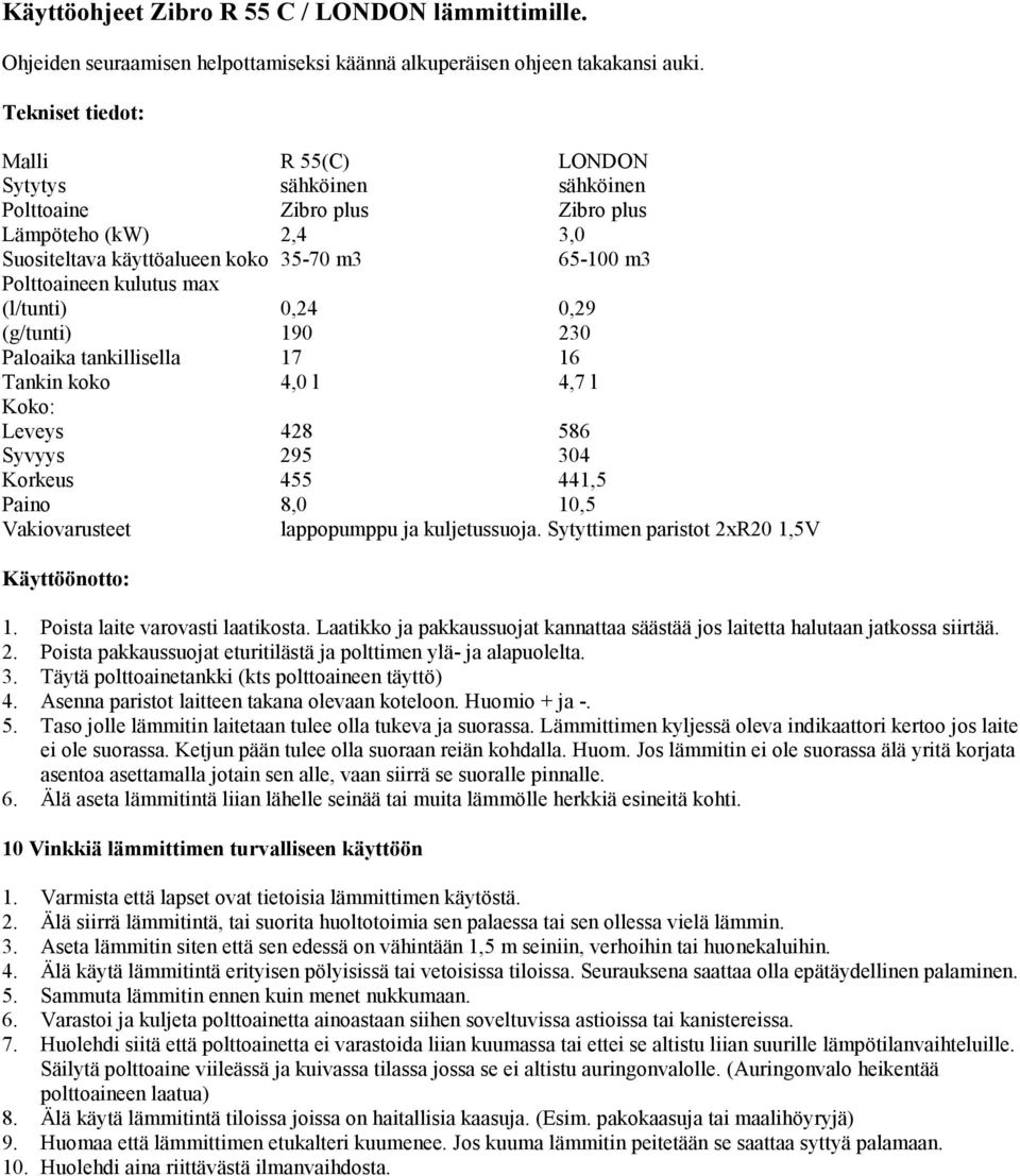 (l/tunti) 0,24 0,29 (g/tunti) 190 230 Paloaika tankillisella 17 16 Tankin koko 4,0 l 4,7 l Koko: Leveys 428 586 Syvyys 295 304 Korkeus 455 441,5 Paino 8,0 10,5 Vakiovarusteet lappopumppu ja