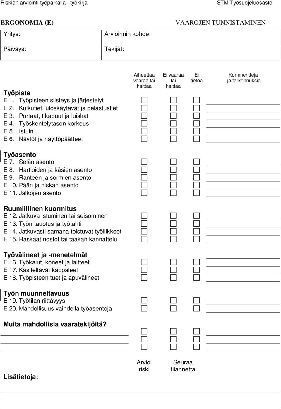 Selän asento E 8. Hartioiden ja käsien asento E 9. Ranteen ja sormien asento E 10. Pään ja niskan asento E 11. Jalkojen asento Ruumiillinen kuormitus E 12. Jatkuva istuminen tai seisominen E 13.