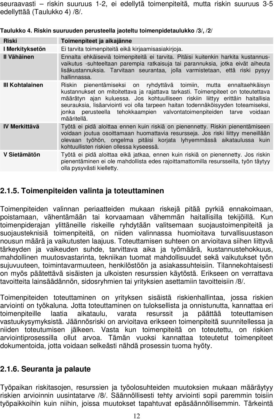 II Vähäinen Ennalta ehkäiseviä toimenpiteitä ei tarvita. Pitäisi kuitenkin harkita kustannusvaikutus -suhteeltaan parempia ratkaisuja tai parannuksia, jotka eivät aiheuta lisäkustannuksia.