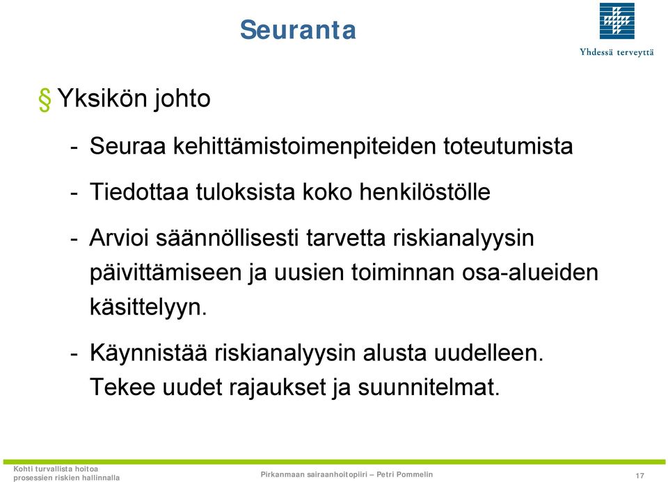 riskianalyysin päivittämiseen ja uusien toiminnan osa-alueiden käsittelyyn.