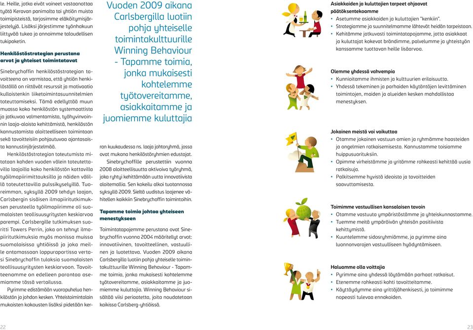 Henkilöstöstrategian perustana arvot ja yhteiset toimintatavat Vuoden 2009 aikana Carlsbergilla luotiin pohja yhteiselle toimintakulttuurille Winning Behaviour - Tapamme toimia, jonka mukaisesti