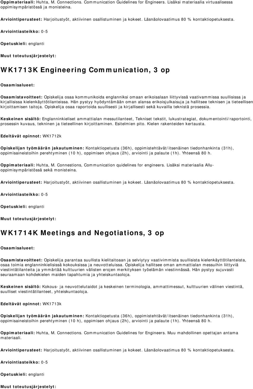 Opetuskieli: englanti WK1713K Engineering Communication, 3 op Osaamistavoitteet: Opiskelija osaa kommunikoida englanniksi omaan erikoisalaan liittyvissä vaativammissa suullisissa ja kirjallisissa