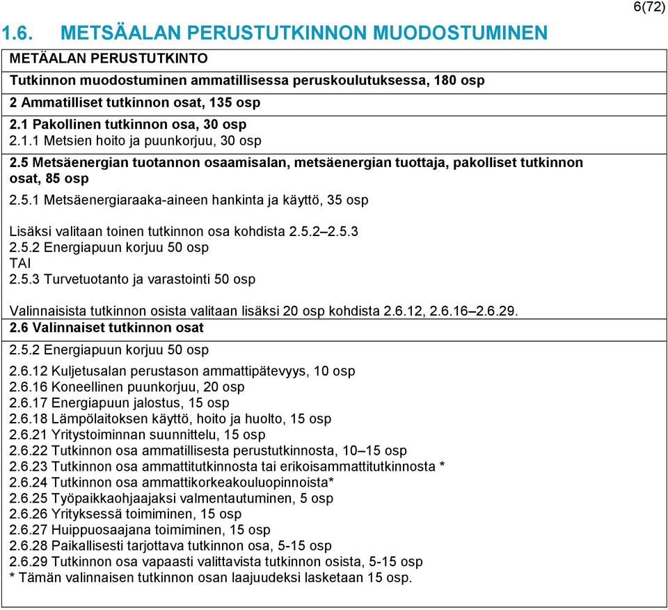 5.2 2.5.3 2.5.2 Energiapuun korjuu 50 osp TAI 2.5.3 Turvetuotanto ja varastointi 50 osp Valinnaisista tutkinnon osista valitaan lisäksi 20 osp kohdista 2.6.12, 2.6.16 2.6.29. 2.6 Valinnaiset tutkinnon osat 2.