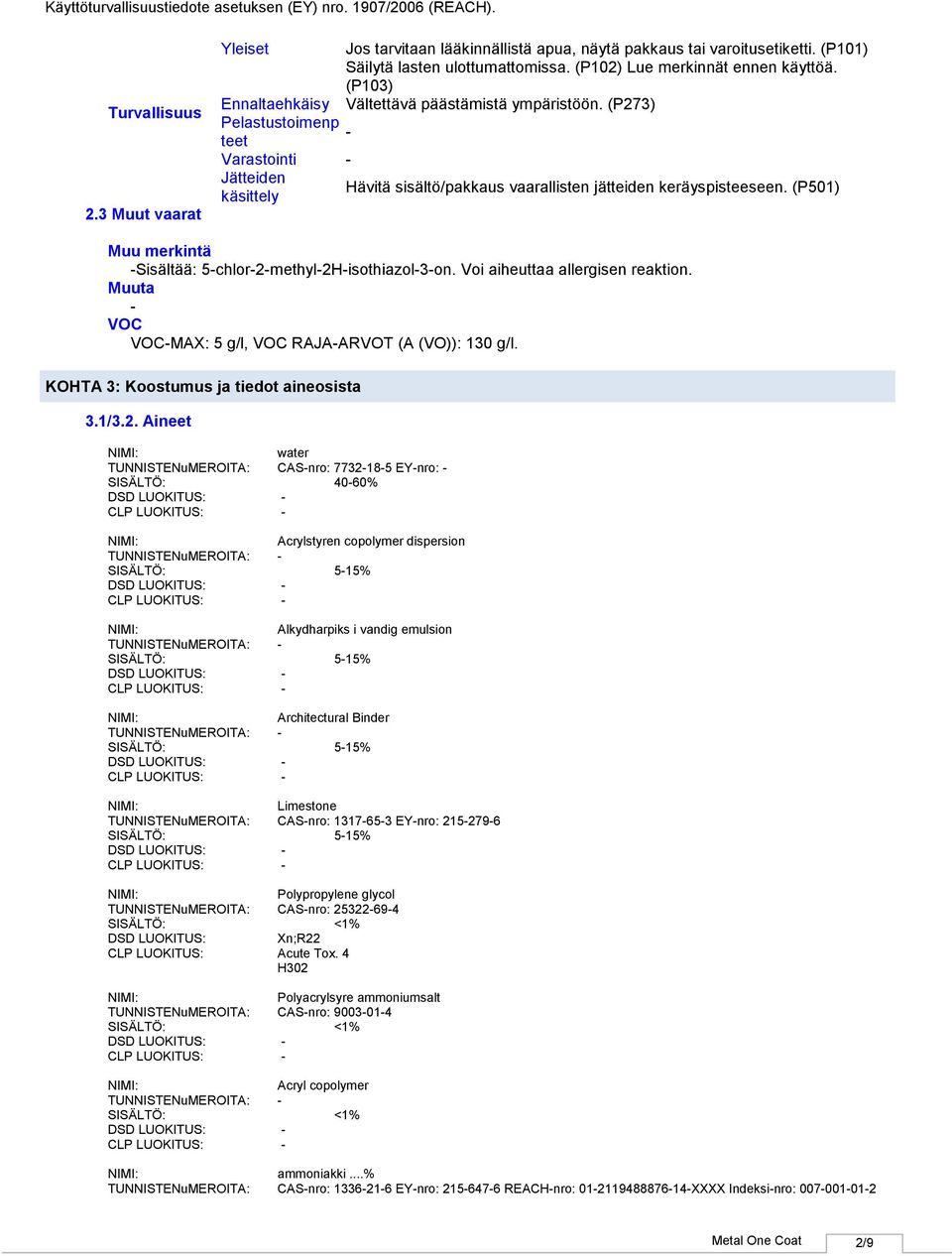 (P501) käsittely Muu merkintä Sisältää: 5chlor2methyl2Hisothiazol3on. Voi aiheuttaa allergisen reaktion. Muuta VOC VOCMAX: 5 g/l, VOC RAJAARVOT (A (VO)): 130 g/l.