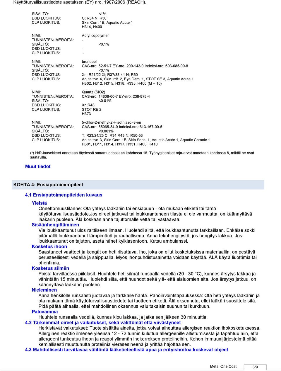 2, Eye Dam. 1, STOT SE 3, Aquatic Acute 1 H302, H312, H315, H318, H335, H400 (M = 10) Quartz (SiO2) TUNNISTENuMEROITA: CASnro: 14808607 EYnro: 2388784 SISÄLTÖ: <0.