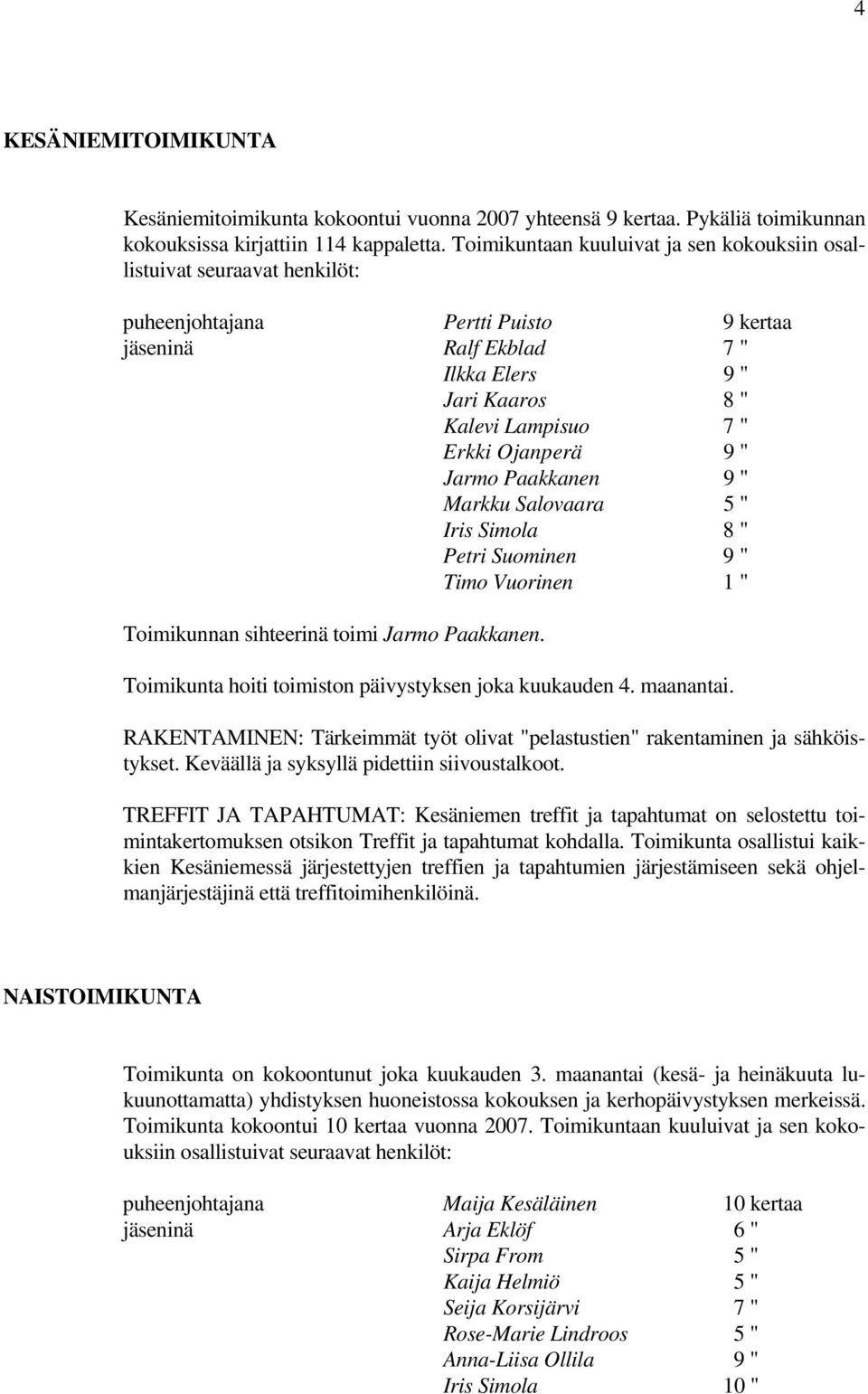 Ojanperä 9 " Jarmo Paakkanen 9 " Markku Salovaara 5 " Iris Simola 8 " Petri Suominen 9 " Timo Vuorinen 1 " Toimikunnan sihteerinä toimi Jarmo Paakkanen.