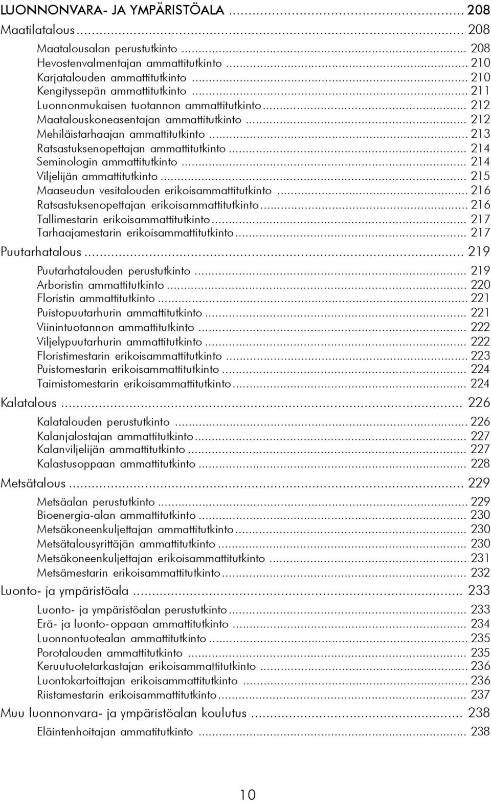 .. 214 Seminologin ammattitutkinto... 214 Viljelijän ammattitutkinto... 215 Maaseudun vesitalouden erikoisammattitutkinto... 216 Ratsastuksenopettajan erikoisammattitutkinto.