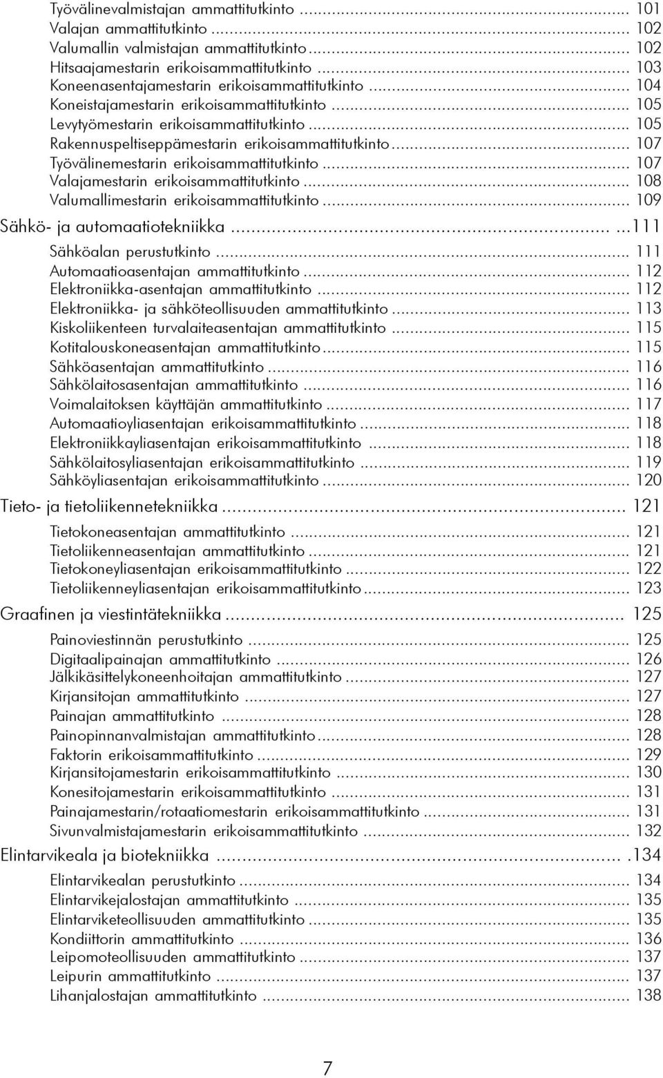 .. 105 Rakennuspeltiseppämestarin erikoisammattitutkinto... 107 Työvälinemestarin erikoisammattitutkinto... 107 Valajamestarin erikoisammattitutkinto... 108 Valumallimestarin erikoisammattitutkinto.