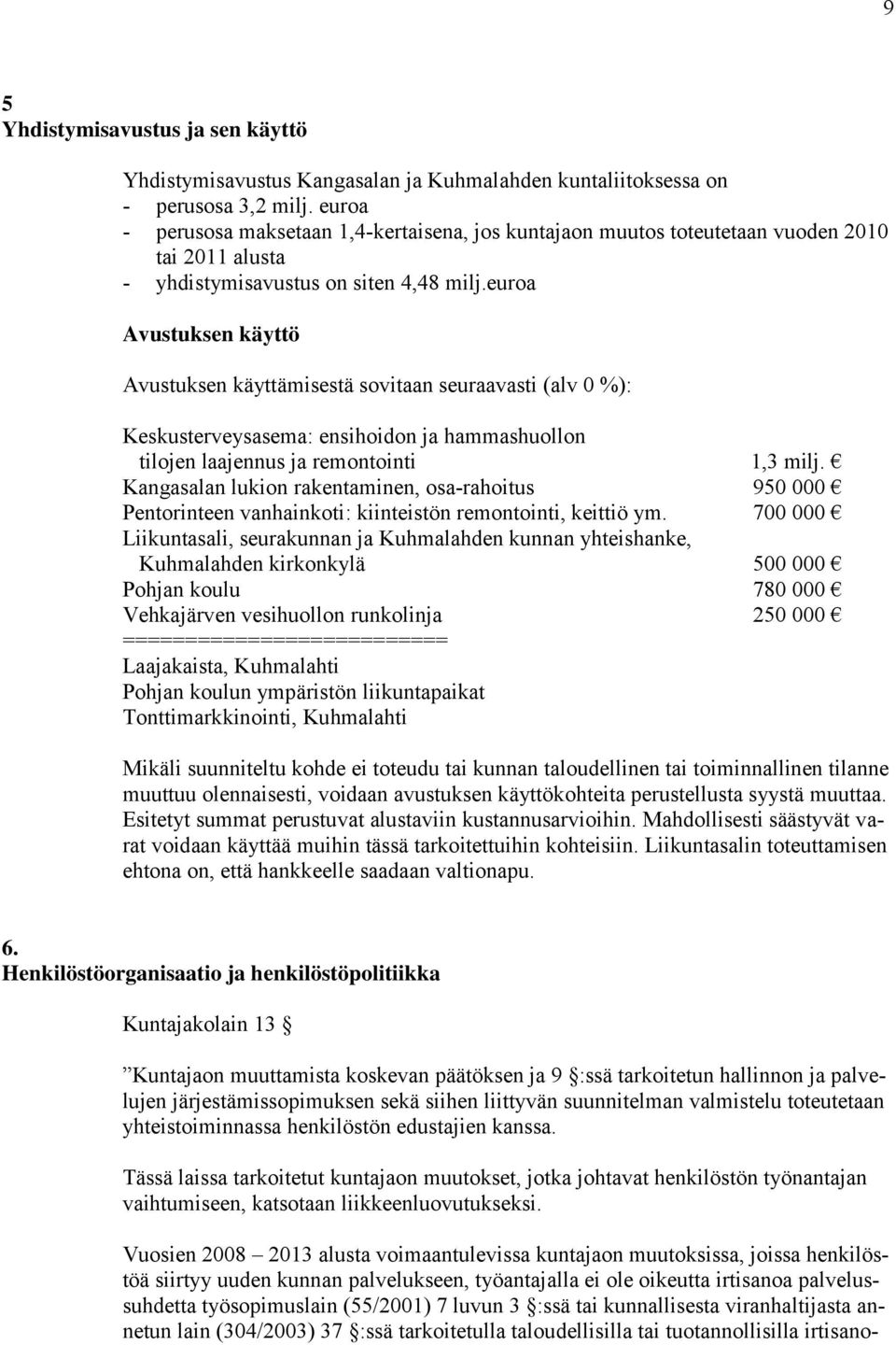 euroa Avustuksen käyttö Avustuksen käyttämisestä sovitaan seuraavasti (alv 0 %): Keskusterveysasema: ensihoidon ja hammashuollon tilojen laajennus ja remontointi 1,3 milj.