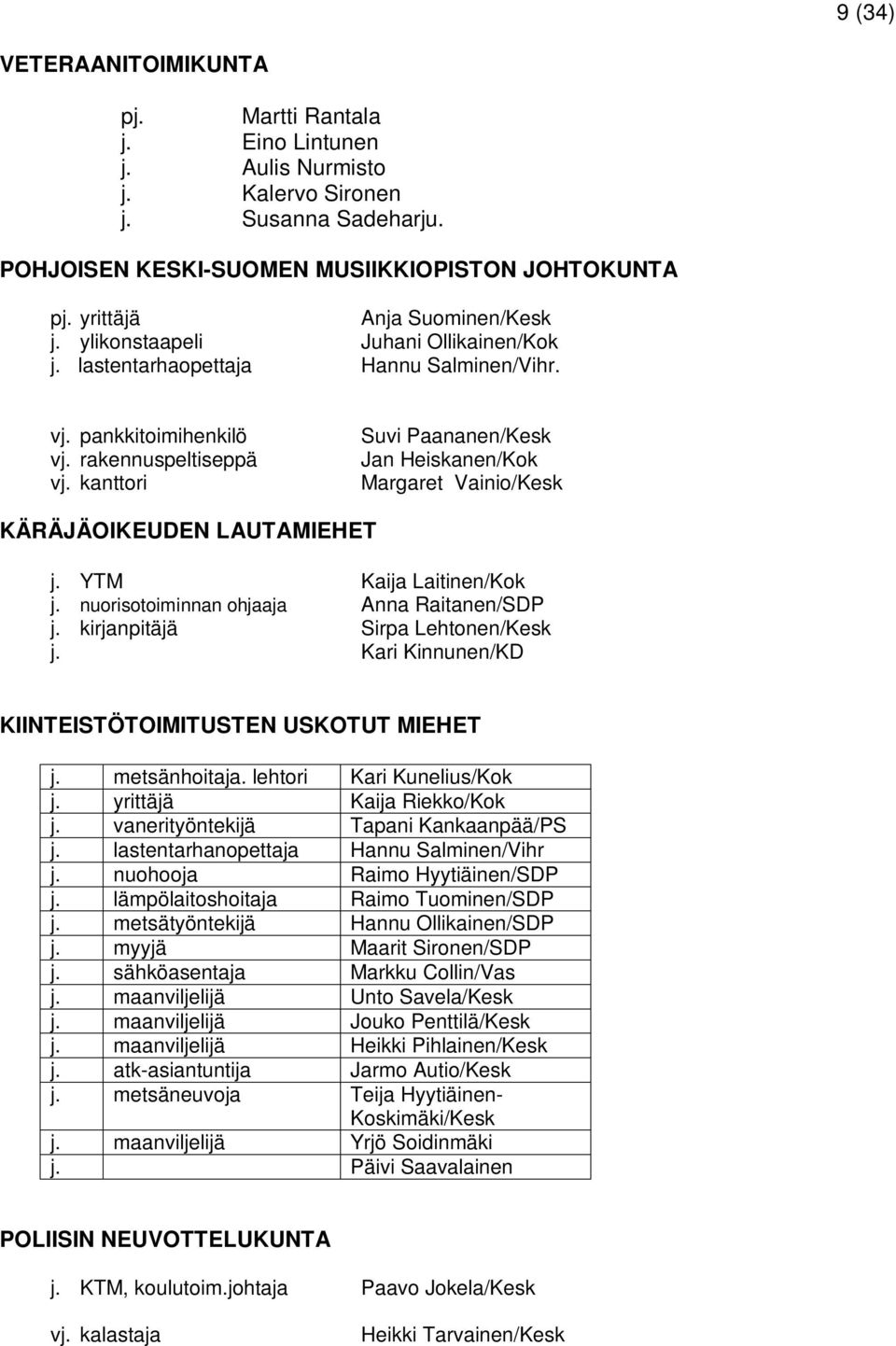 kanttori Suvi Paananen/Kesk Jan Heiskanen/Kok Margaret Vainio/Kesk KÄRÄJÄOIKEUDEN LAUTAMIEHET j. YTM Kaija Laitinen/Kok j. nuorisotoiminnan ohjaaja Anna Raitanen/SDP j.