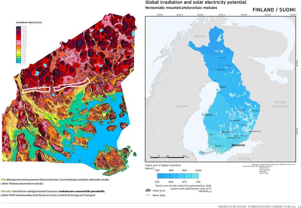 Mariehamn Estonia Projection: Source of ancillary data: Yllä: Maanpinnan korkeusasemat Östersundomissa. Suunnittelualue osoitettu valkoisella viivalla. Lähde: Yleiskaavaluonnoksen selostus.