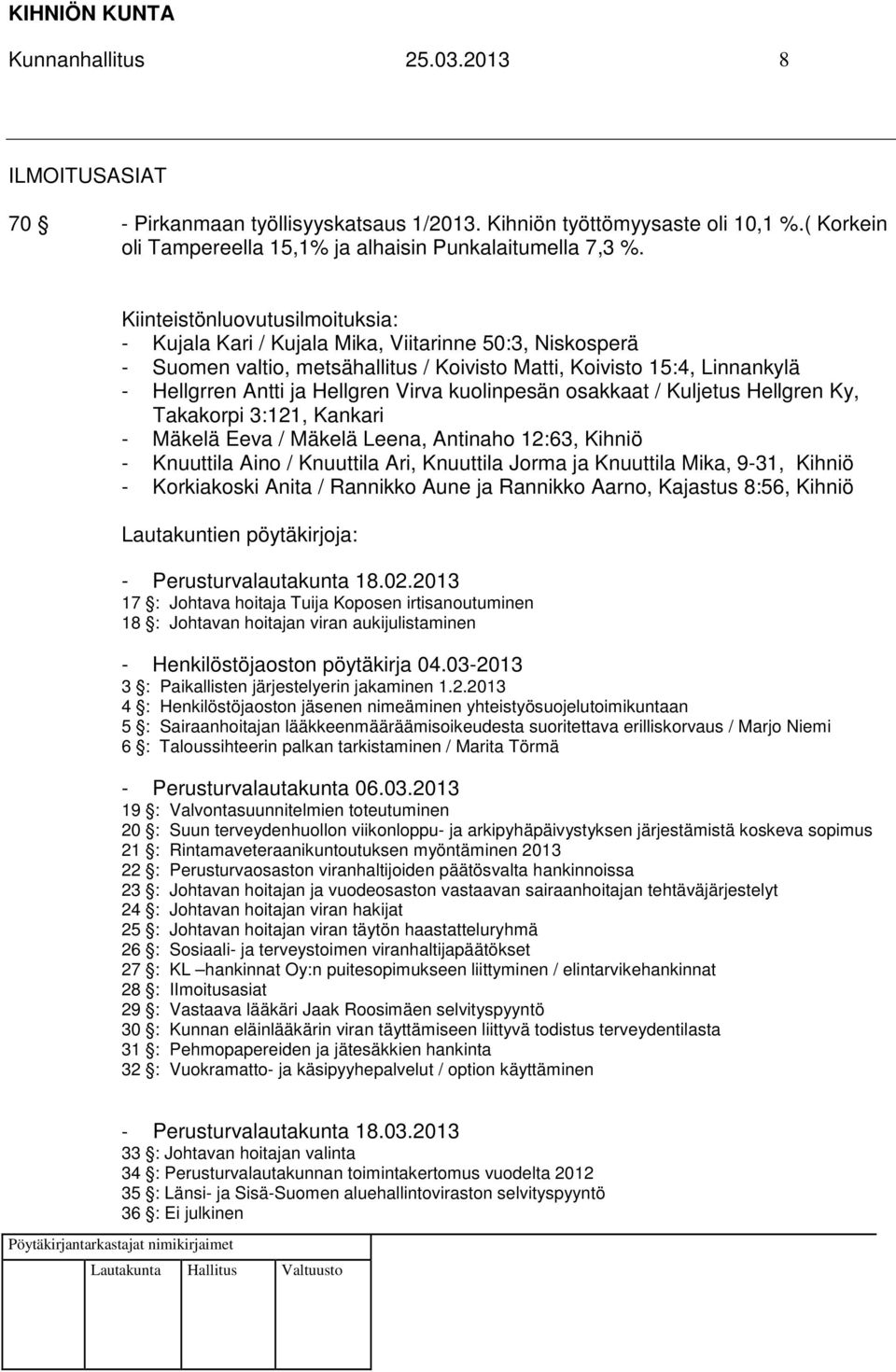 kuolinpesän osakkaat / Kuljetus Hellgren Ky, Takakorpi 3:121, Kankari - Mäkelä Eeva / Mäkelä Leena, Antinaho 12:63, Kihniö - Knuuttila Aino / Knuuttila Ari, Knuuttila Jorma ja Knuuttila Mika, 9-31,