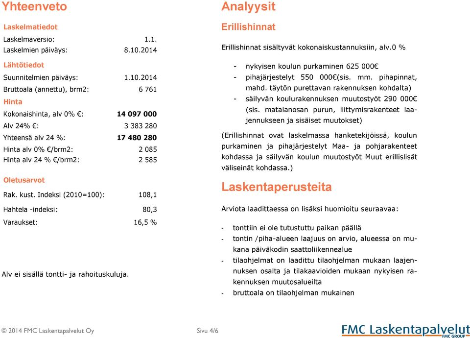 2014 Bruttoala (annettu), brm2: 6 761 Hinta Kokonaishinta, alv 0% : 14 097 000 Alv 24% : 3 383 280 Yhteensä alv 24 %: 17 480 280 Hinta alv 0% /brm2: 2 085 Hinta alv 24 % /brm2: 2 585 Oletusarvot Rak.