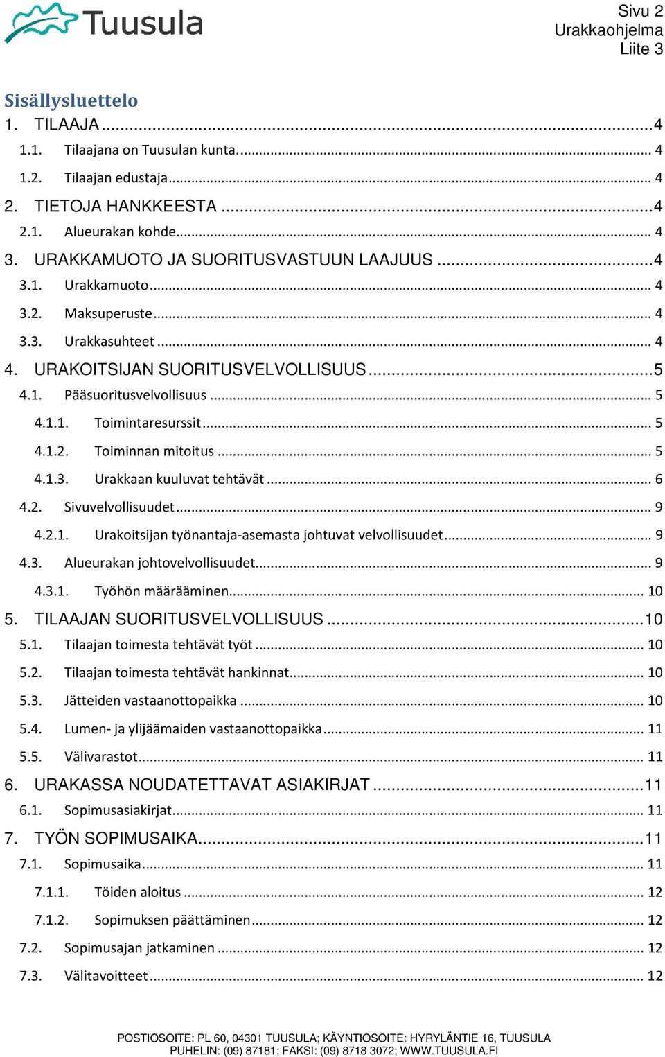 .. 5 4.1.2. Toiminnan mitoitus... 5 4.1.3. Urakkaan kuuluvat tehtävät... 6 4.2. Sivuvelvollisuudet... 9 4.2.1. Urakoitsijan työnantaja-asemasta johtuvat velvollisuudet... 9 4.3. Alueurakan johtovelvollisuudet.