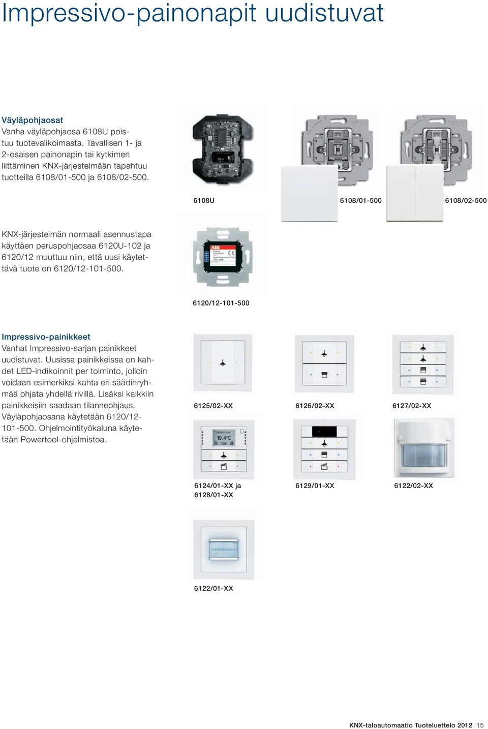 6108U 6108/01-500 6108/02-500 KNX-järjestelmän normaali asennustapa käyttäen peruspohjaosaa 6120U-102 ja 6120/12 muuttuu niin, että uusi käytettävä tuote on 6120/12-101-500.