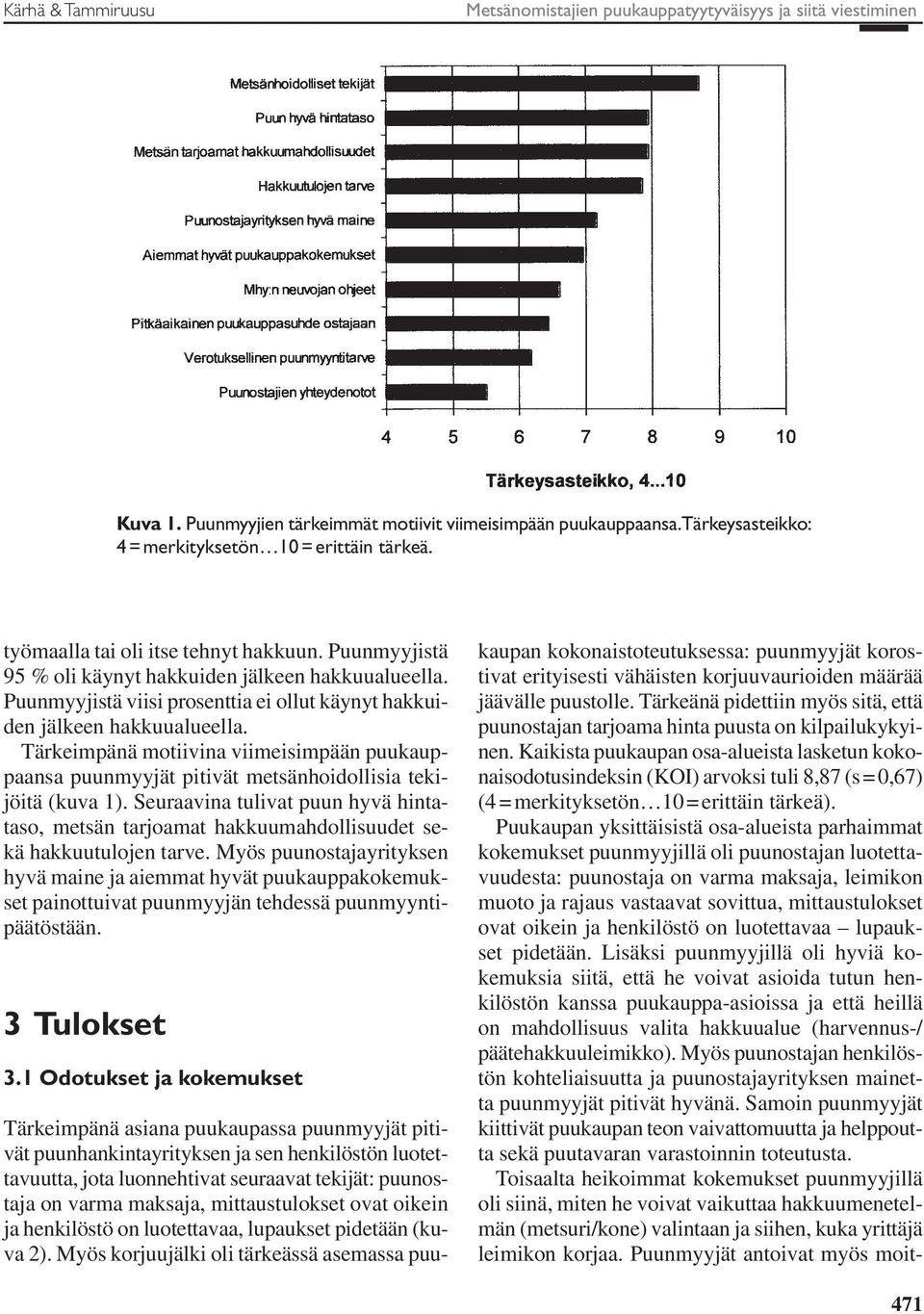 Puunmyyjistä viisi prosenttia ei ollut käynyt hakkuiden jälkeen hakkuualueella. Tärkeimpänä motiivina viimeisimpään puukauppaansa puunmyyjät pitivät metsänhoidollisia tekijöitä (kuva 1).