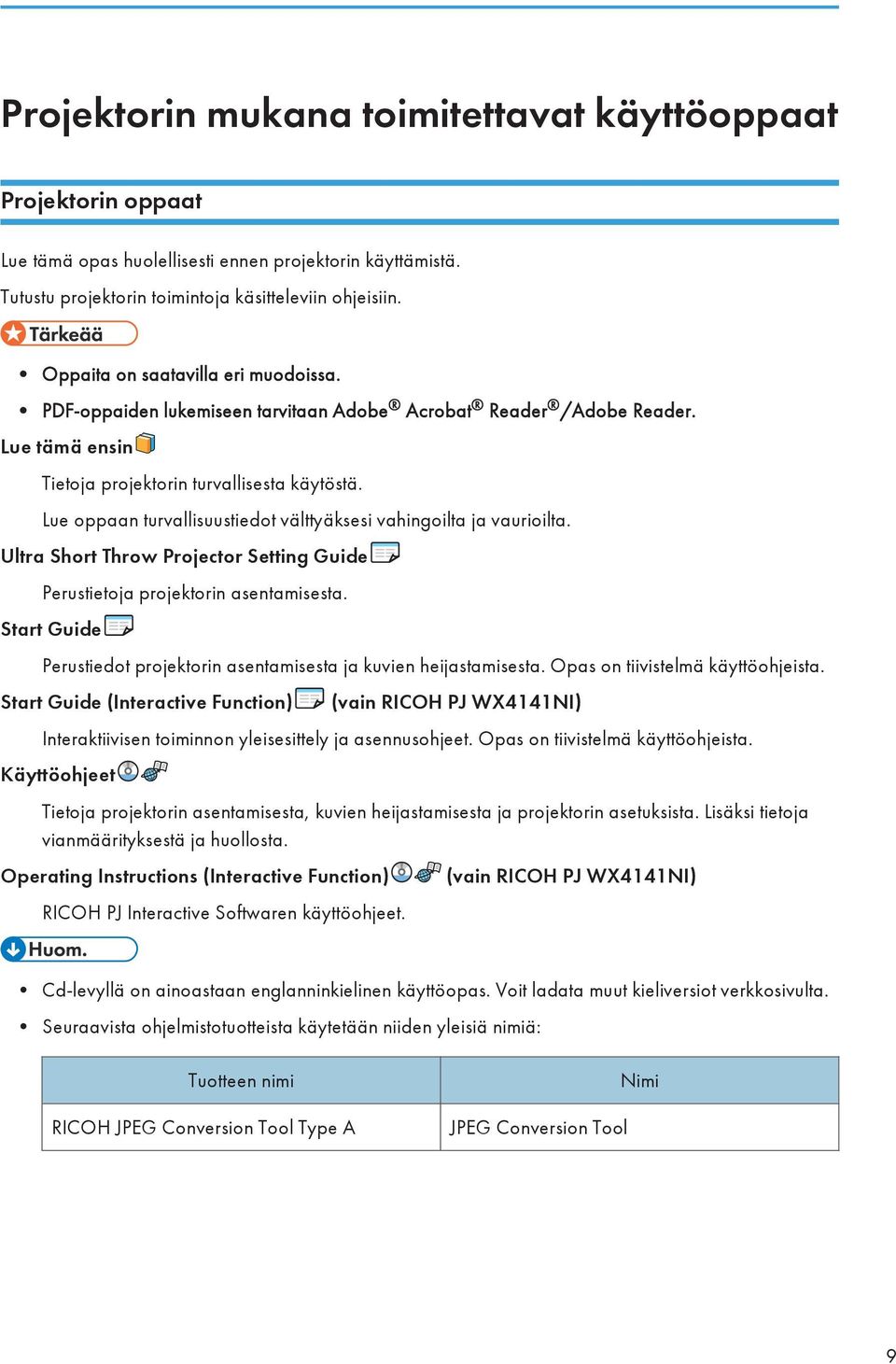 Lue oppaan turvallisuustiedot välttyäksesi vahingoilta ja vaurioilta. Ultra Short Throw Projector Setting Guide Perustietoja projektorin asentamisesta.