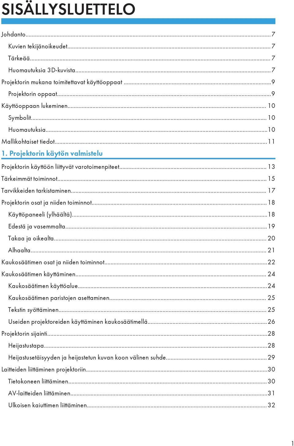 ..15 Tarvikkeiden tarkistaminen... 17 Projektorin osat ja niiden toiminnot...18 Käyttöpaneeli (ylhäältä)...18 Edestä ja vasemmalta...19 Takaa ja oikealta... 20 Alhaalta.