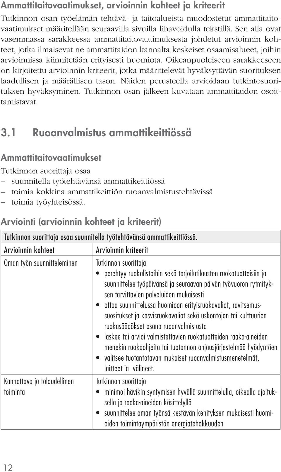 Sen alla ovat vasemmassa sarakkeessa ammattitaitovaatimuksesta johdetut arvioinnin kohteet, jotka ilmaisevat ne ammattitaidon kannalta keskeiset osaamisalueet, joihin arvioinnissa kiinnitetään