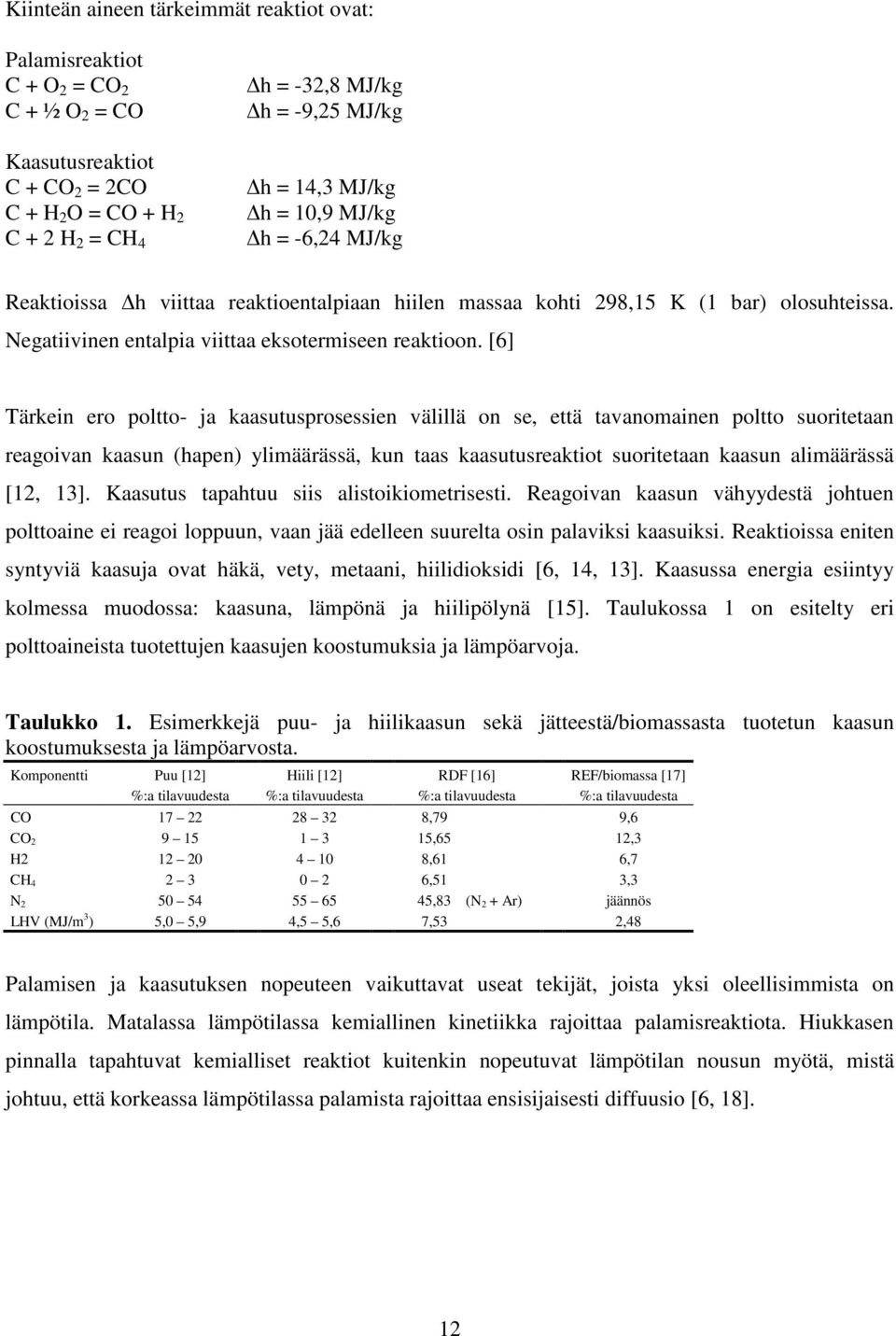 [6] Tärkein ero poltto- ja kaasutusprosessien välillä on se, että tavanomainen poltto suoritetaan reagoivan kaasun (hapen) ylimäärässä, kun taas kaasutusreaktiot suoritetaan kaasun alimäärässä [12,