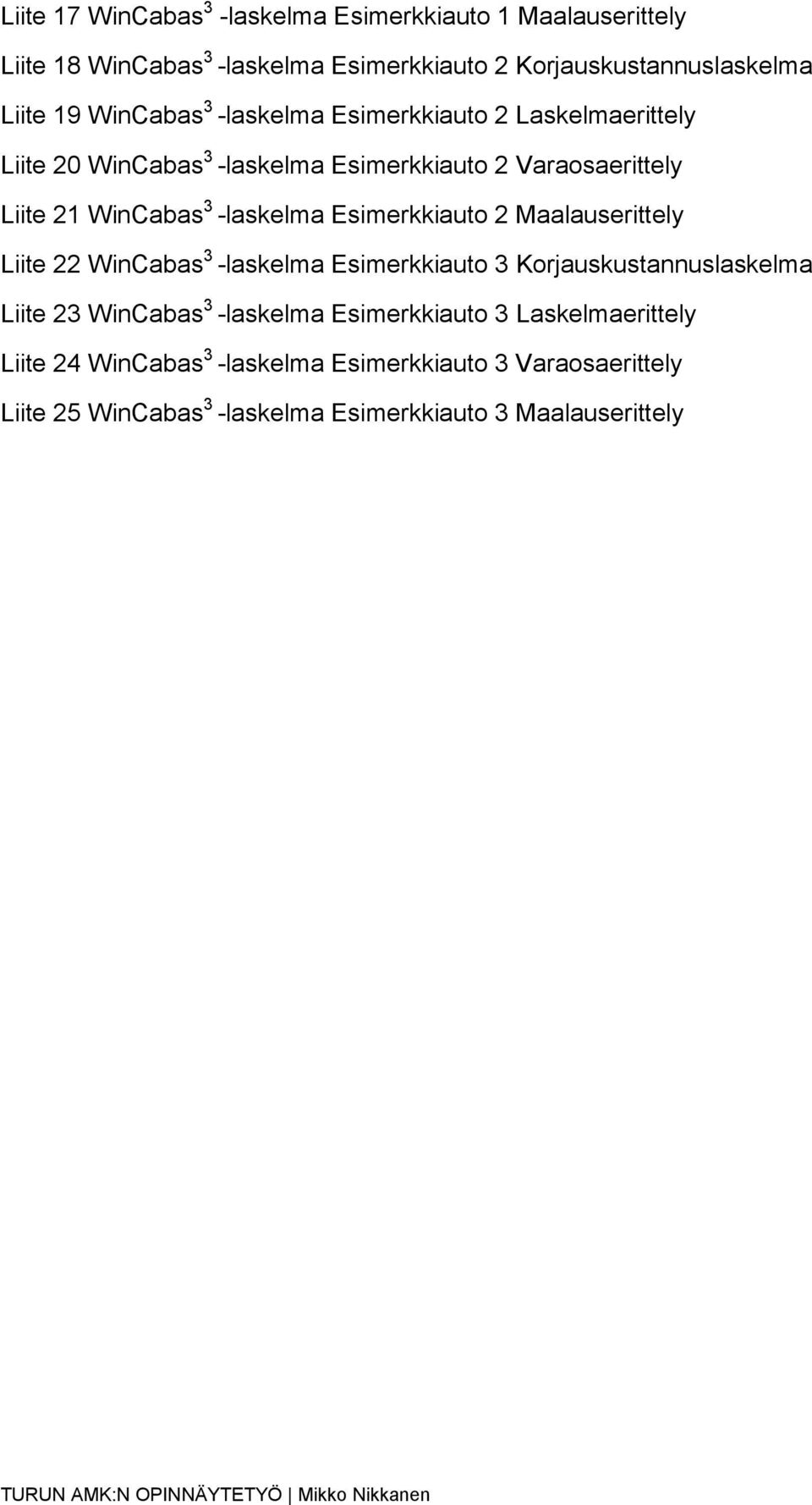 -laskelma Esimerkkiauto 2 Maalauserittely Liite 22 WinCabas 3 -laskelma Esimerkkiauto 3 Korjauskustannuslaskelma Liite 23 WinCabas 3 -laskelma