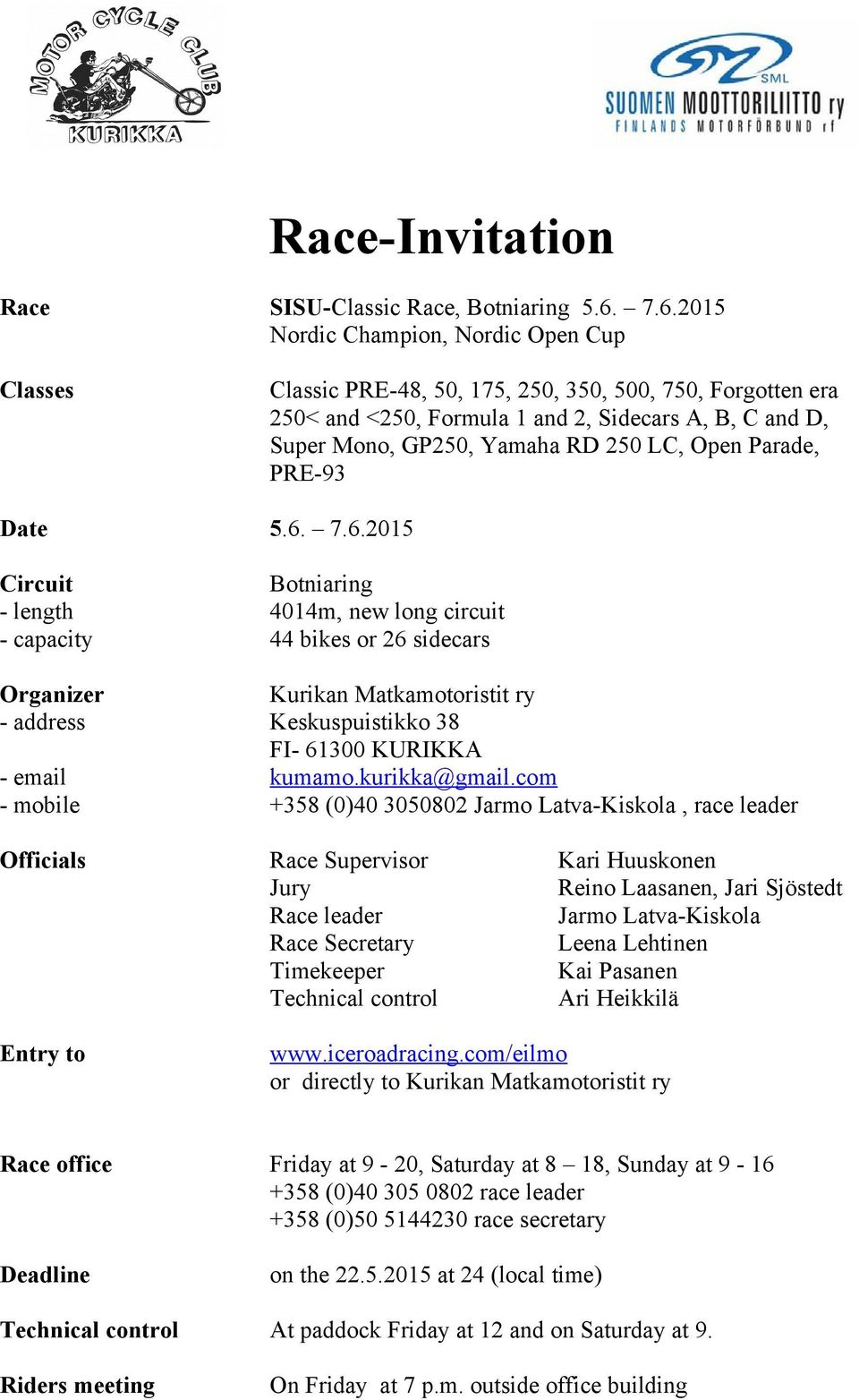 LC, Open Parade, PRE-93 Date 5.6. 7.6.2015 Circuit Botniaring - length 4014m, new long circuit - capacity 44 bikes or 26 sidecars Organizer - address Keskuspuistikko 38 FI- 61300 KURIKKA - email kumamo.
