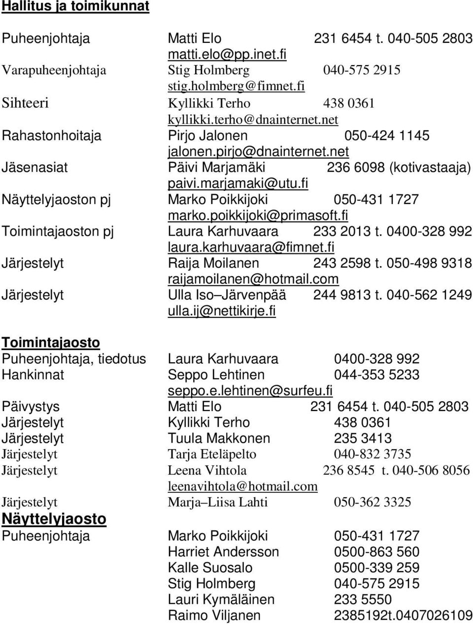 marjamaki@utu.fi Näyttelyjaoston pj Marko Poikkijoki 050-431 1727 marko.poikkijoki@primasoft.fi Toimintajaoston pj Laura Karhuvaara 233 2013 t. 0400-328 992 laura.karhuvaara@fimnet.