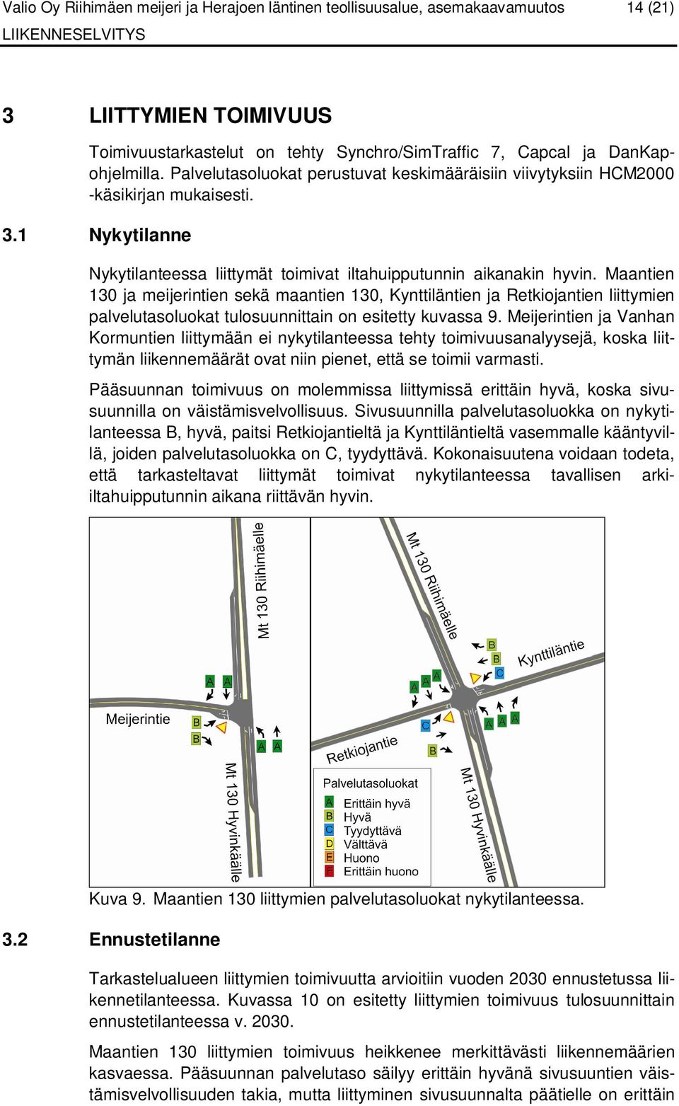 Maantien 130 ja meijerintien sekä maantien 130, Kynttiläntien ja Retkiojantien liittymien palvelutasoluokat tulosuunnittain on esitetty kuvassa 9.