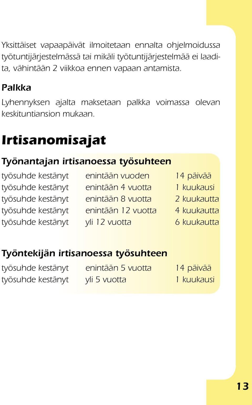 Irtisanomisajat Työnantajan irtisanoessa työsuhteen työsuhde kestänyt enintään vuoden 14 päivää työsuhde kestänyt enintään 4 vuotta 1 kuukausi työsuhde kestänyt