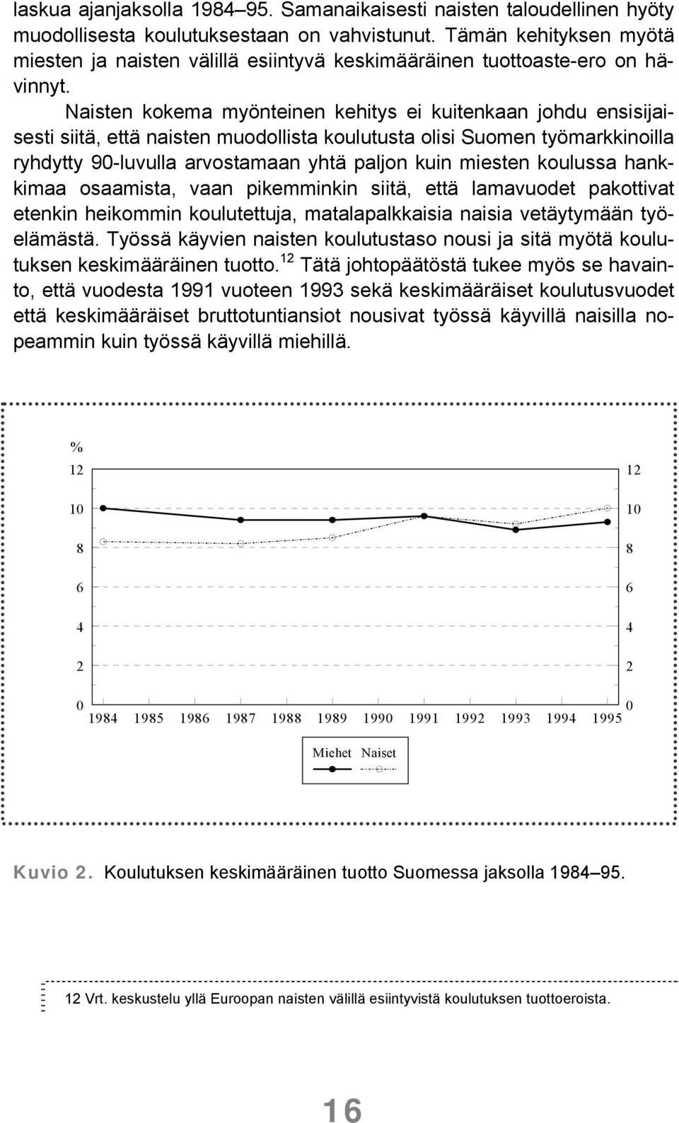 Naisten kokema myönteinen kehitys ei kuitenkaan johdu ensisijaisesti siitä, että naisten muodollista koulutusta olisi Suomen työmarkkinoilla ryhdytty 90-luvulla arvostamaan yhtä paljon kuin miesten