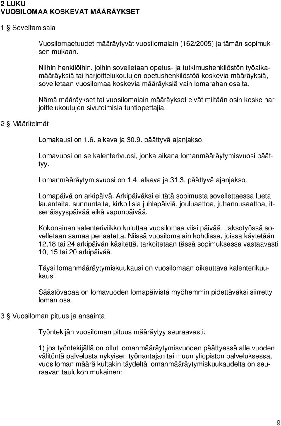 lomarahan osalta. Nämä määräykset tai vuosilomalain määräykset eivät miltään osin koske harjoittelukoulujen sivutoimisia tuntiopettajia. Lomakausi on 1.6. alkava ja 30.9. päättyvä ajanjakso.