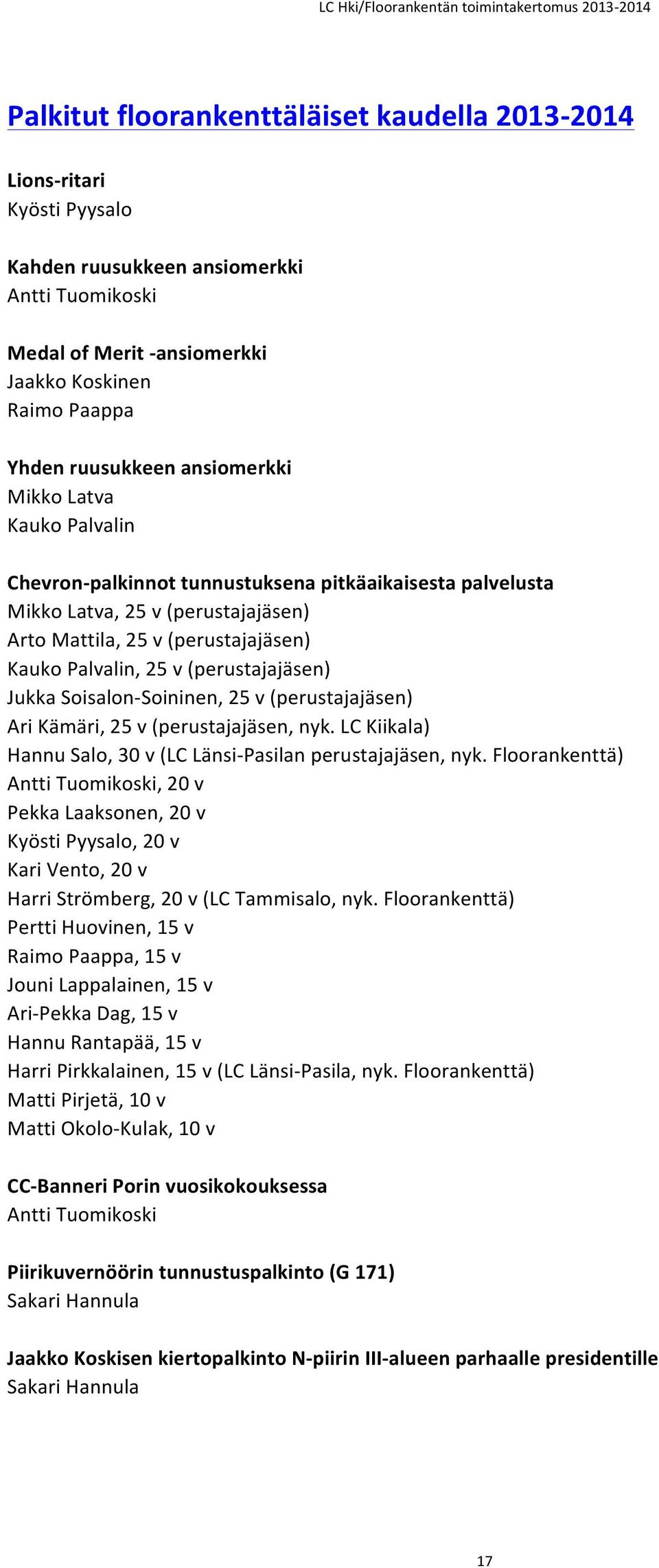 (perustajajäsen) Jukka Soisalon- Soininen, 25 v (perustajajäsen) Ari Kämäri, 25 v (perustajajäsen, nyk. LC Kiikala) Hannu Salo, 30 v (LC Länsi- Pasilan perustajajäsen, nyk.