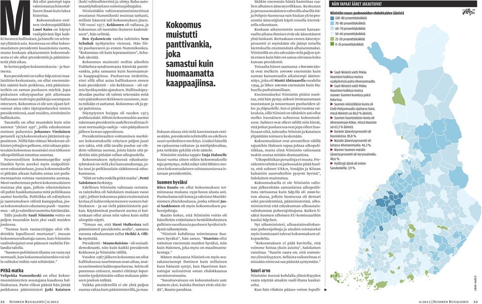 Suomessa on ollut kokoomuslainen presidentti kuusitoista vuotta, mutta koskaan aikaisemmin kokoomuksesta ei ole ollut presidenttiä ja pääministeriä yhtä aikaa.