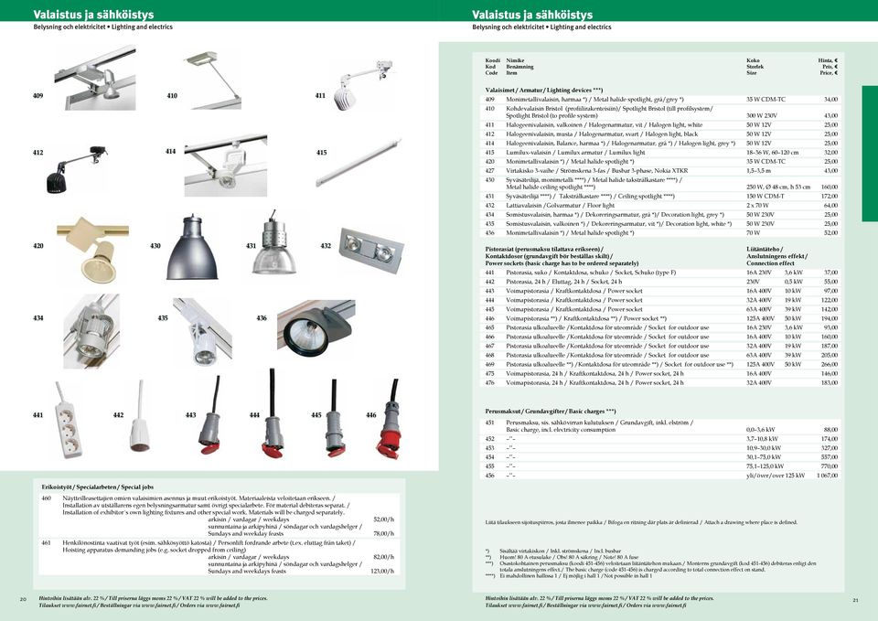 profilsystem/ Spotlight Bristol (to profile system) 300 W 230V 43,00 411 Halogeenivalaisin, valkoinen / Halogenarmatur, vit / Halogen light, white 50 W 12V 25,00 412 Halogeenivalaisin, musta /