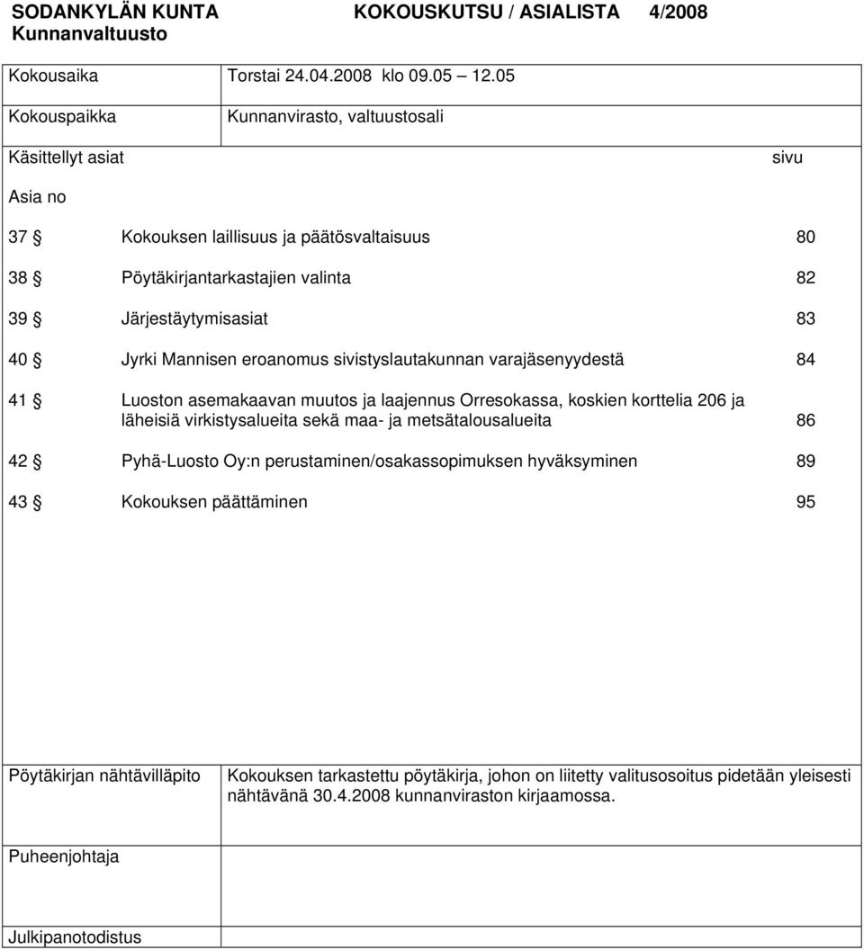 Jyrki Mannisen eroanomus sivistyslautakunnan varajäsenyydestä 84 41 Luoston asemakaavan muutos ja laajennus Orresokassa, koskien korttelia 206 ja läheisiä virkistysalueita sekä maa- ja