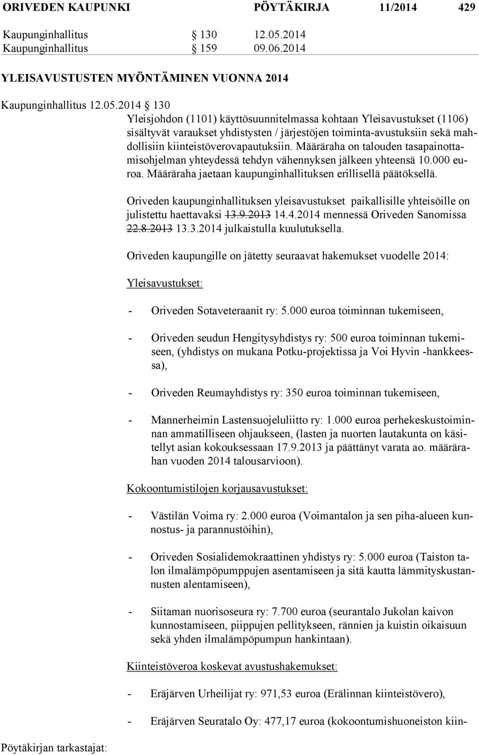 2014 130 Yleisjohdon (1101) käyttösuunnitelmassa kohtaan Yleisavustukset (1106) si säl ty vät varaukset yhdistysten / järjestöjen toiminta-avustuksiin sekä mahdol li siin kiinteistöverovapautuksiin.