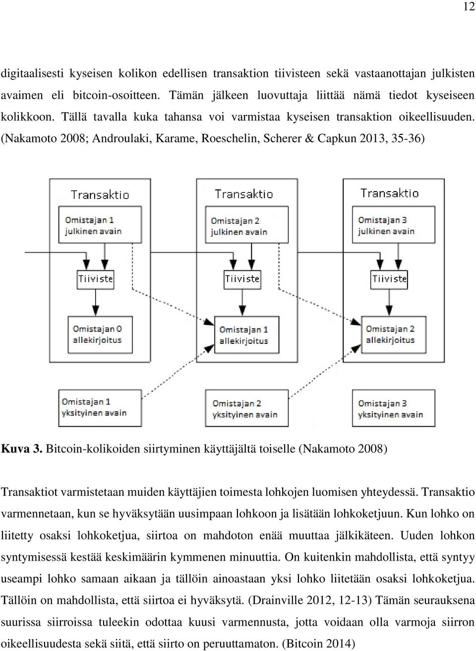 Bitcoin-kolikoiden siirtyminen käyttäjältä toiselle (Nakamoto 2008) Transaktiot varmistetaan muiden käyttäjien toimesta lohkojen luomisen yhteydessä.