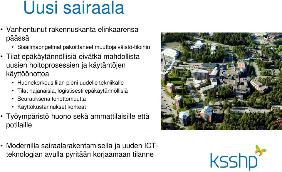 tekniikalle Tilat hajanaisia, logistisesti epäkäytännöllisiä Seurauksena tehottomuutta Käyttökustannukset korkeat Työympäristö