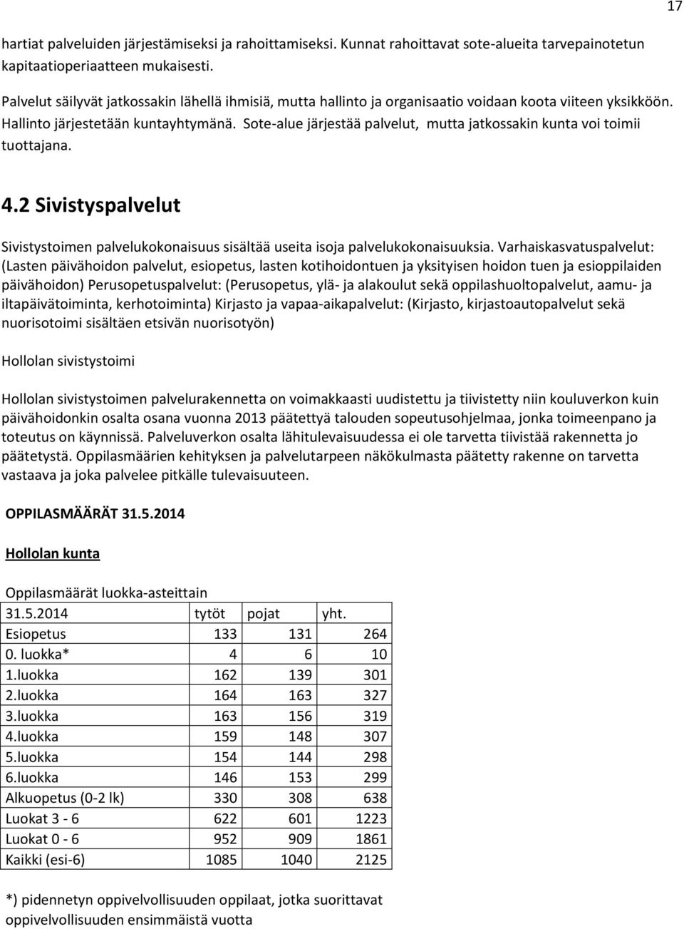 Sote-alue järjestää palvelut, mutta jatkossakin kunta voi toimii tuottajana. 4.2 Sivistyspalvelut Sivistystoimen palvelukokonaisuus sisältää useita isoja palvelukokonaisuuksia.