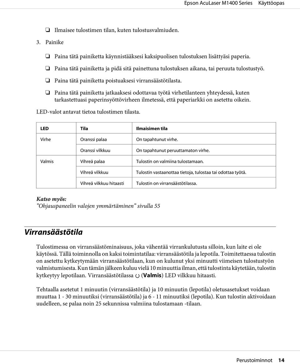 Paina tätä painiketta jatkaaksesi odottavaa työtä virhetilanteen yhteydessä, kuten tarkastettuasi paperinsyöttövirheen ilmetessä, että paperiarkki on asetettu oikein.