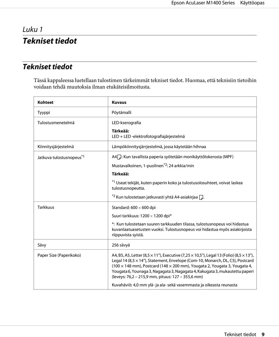 tulostusnopeus *1 A4 : Kun tavallista paperia syötetään monikäyttölokerosta (MPF) Mustavalkoinen, 1-puolinen *2 : 24 arkkia/min Tärkeää: *1 Useat tekijät, kuten paperin koko ja tulostusolosuhteet,