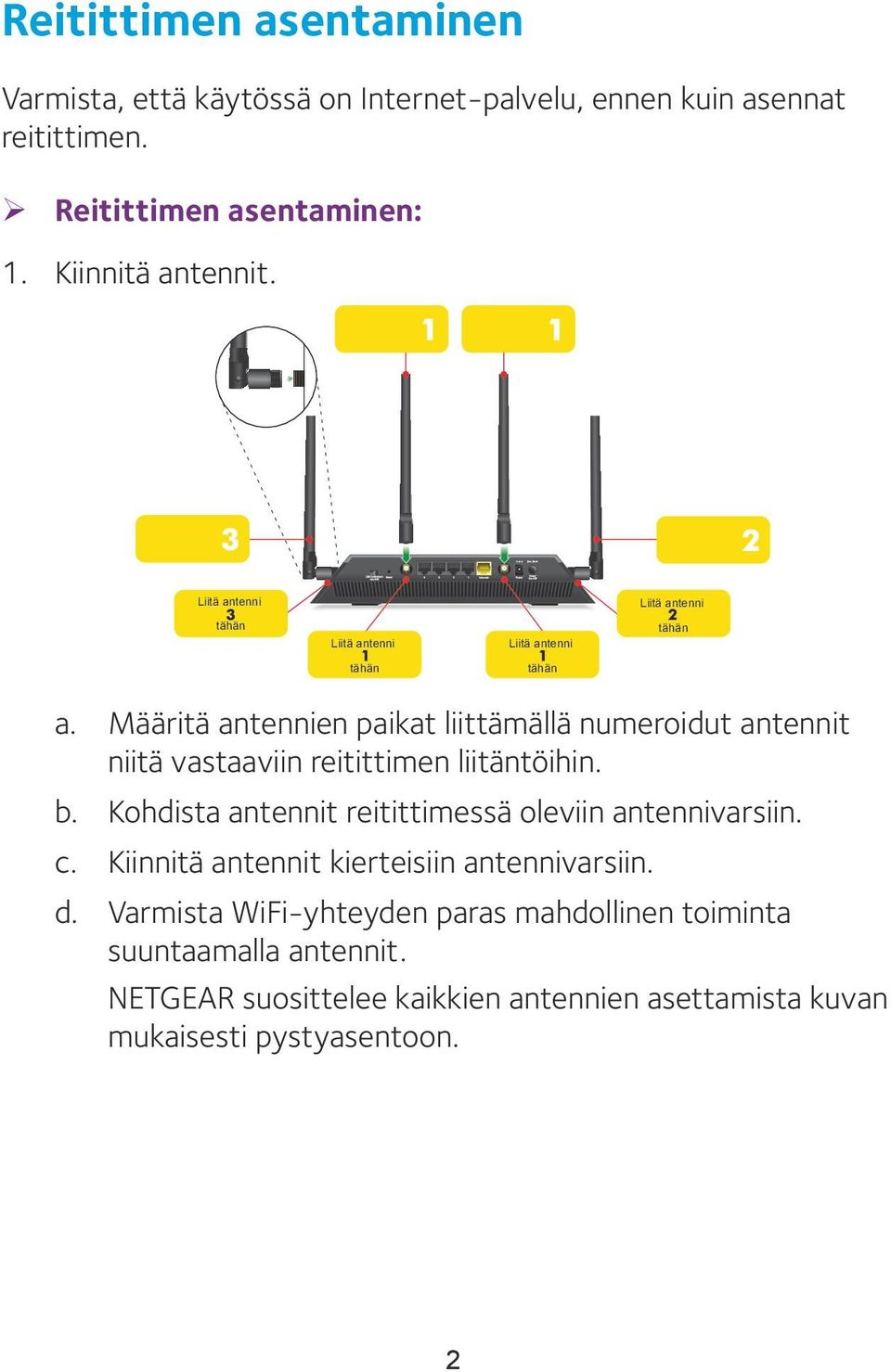 Määritä antennien paikat liittämällä numeroidut antennit niitä vastaaviin reitittimen liitäntöihin. b.