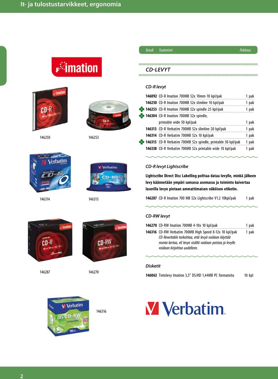 Verbatim 700MB 52x 10 kpl/pak 1 pak 146315 CD-R Verbatim 700MB 52x spindle, printable 50 kpl/pak 1 pak 146338 CD-R Verbatim 700MB 52x printable wide 10 kpl/pak 1 pak 146314 146315 CD-R levyt